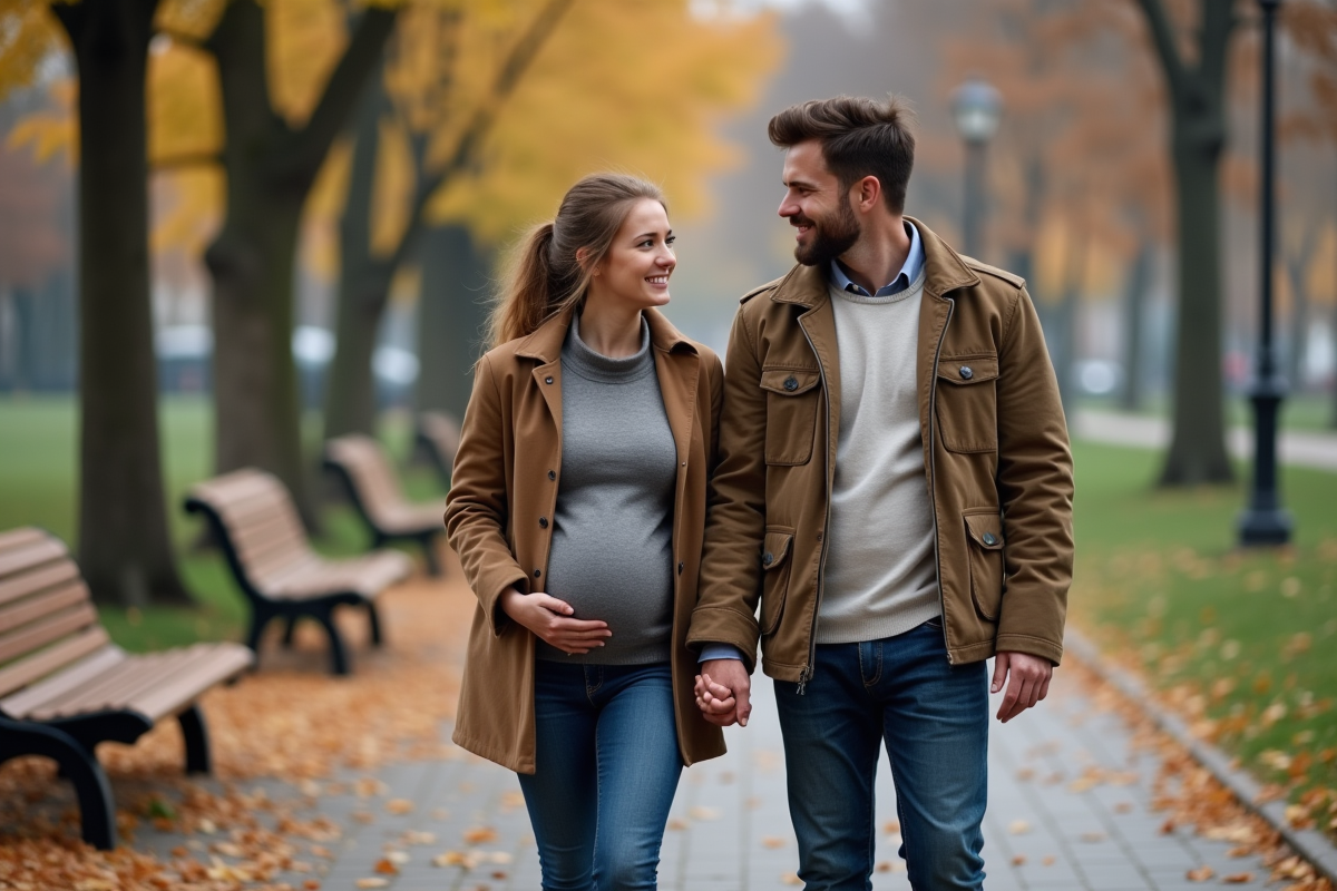 Couple en promenade dans un parc en automne avec femme enceinte