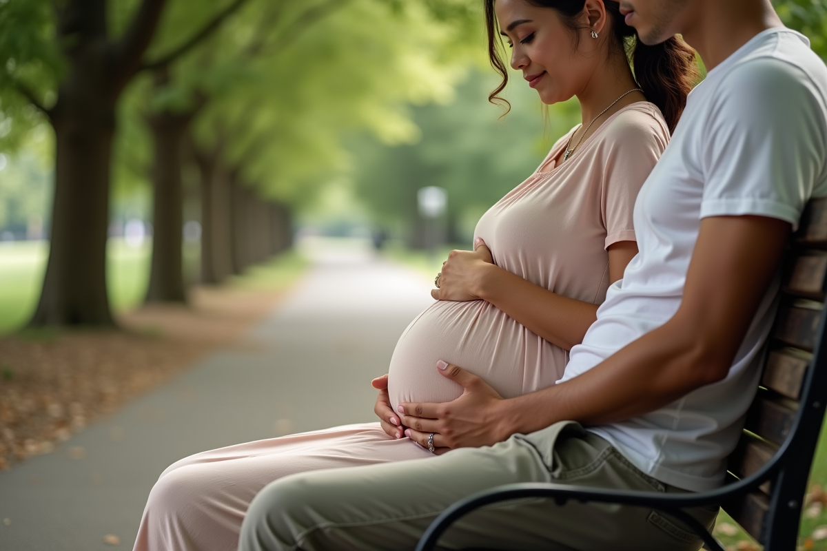 Jeune couple enceinte assis sur un banc dans un parc