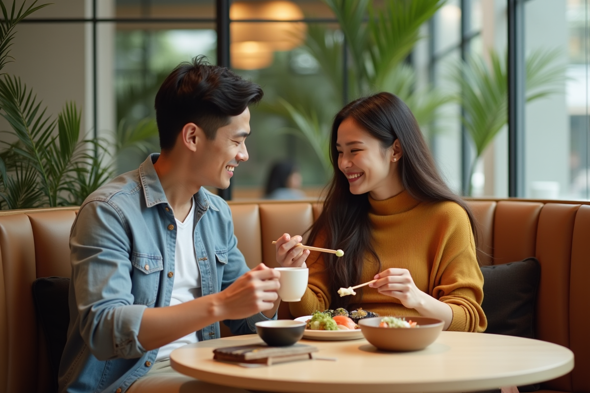 Couple enceinte partage un repas de sushi dans un restaurant moderne