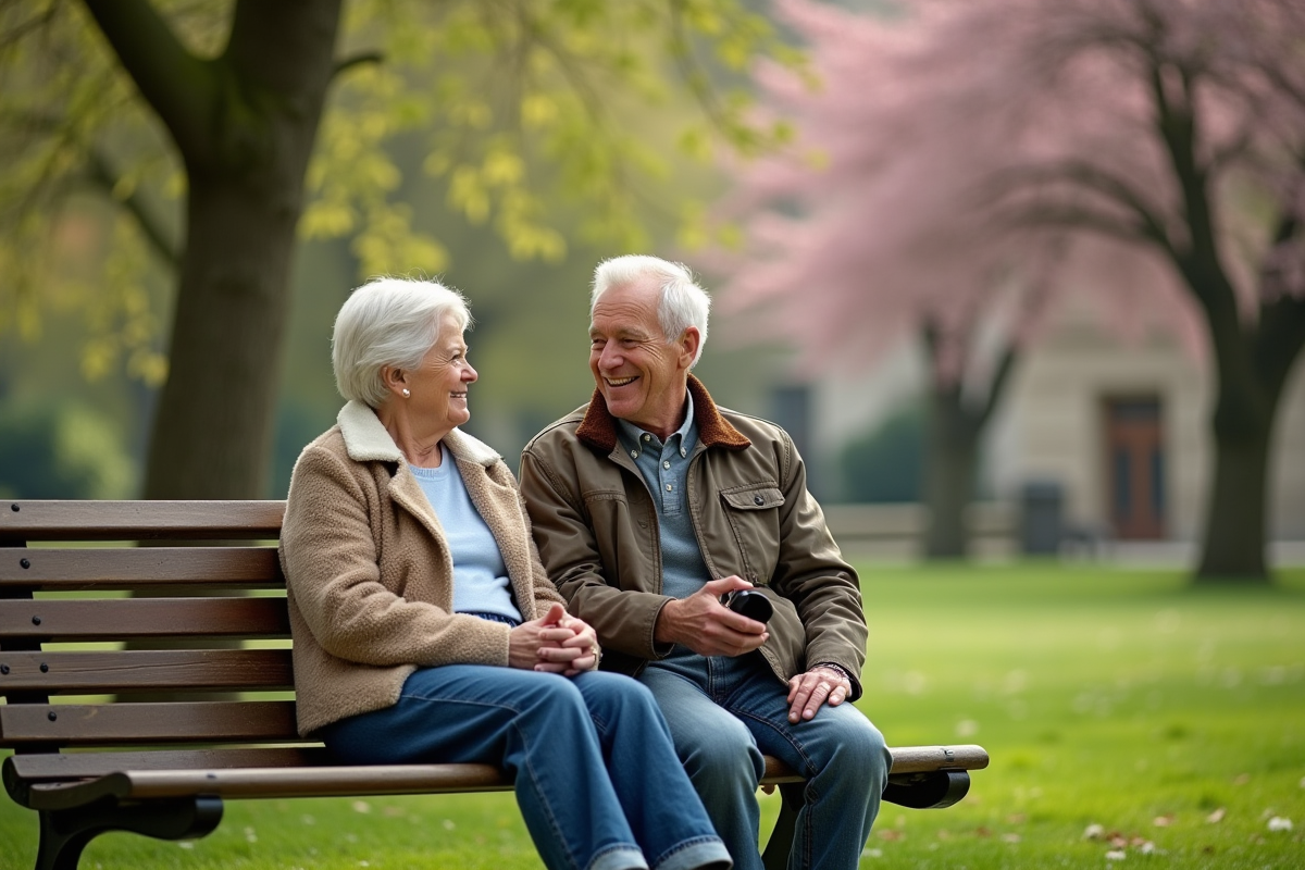 Couple retraité souriant dans un parc en ville