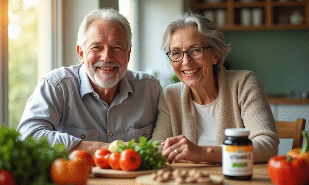 Couple senior souriant à la cuisine avec légumes et vitamine E