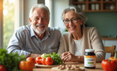 Couple senior souriant à la cuisine avec légumes et vitamine E