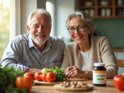 Couple senior souriant à la cuisine avec légumes et vitamine E