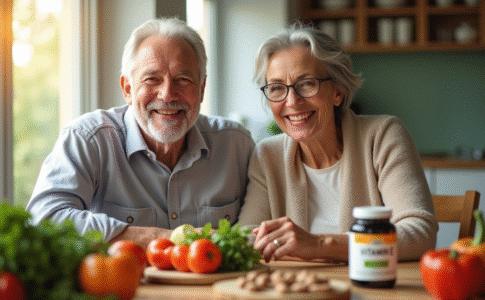 Couple senior souriant à la cuisine avec légumes et vitamine E