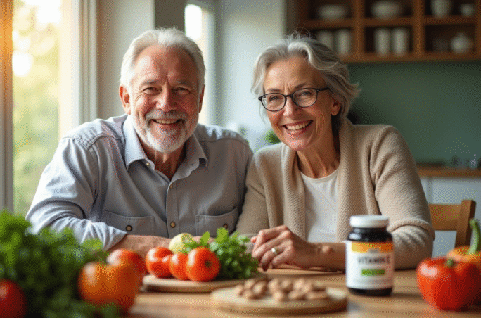 Couple senior souriant à la cuisine avec légumes et vitamine E