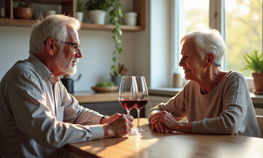 Couple senior dégustant un vin rouge dans une cuisine lumineuse