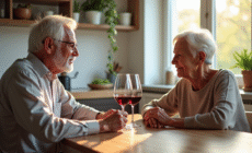 Couple senior dégustant un vin rouge dans une cuisine lumineuse