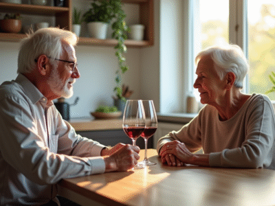 Couple senior dégustant un vin rouge dans une cuisine lumineuse