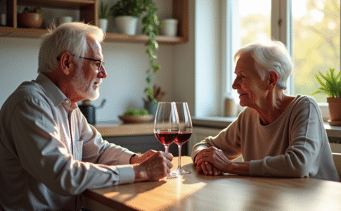 Couple senior dégustant un vin rouge dans une cuisine lumineuse