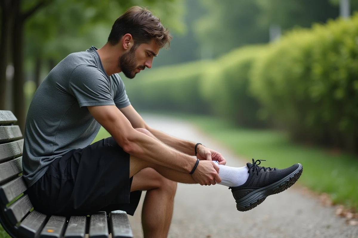 Coureur examinant le bord extérieur de son pied après une douleur au nerf sural lors d'une séance de running en plein air