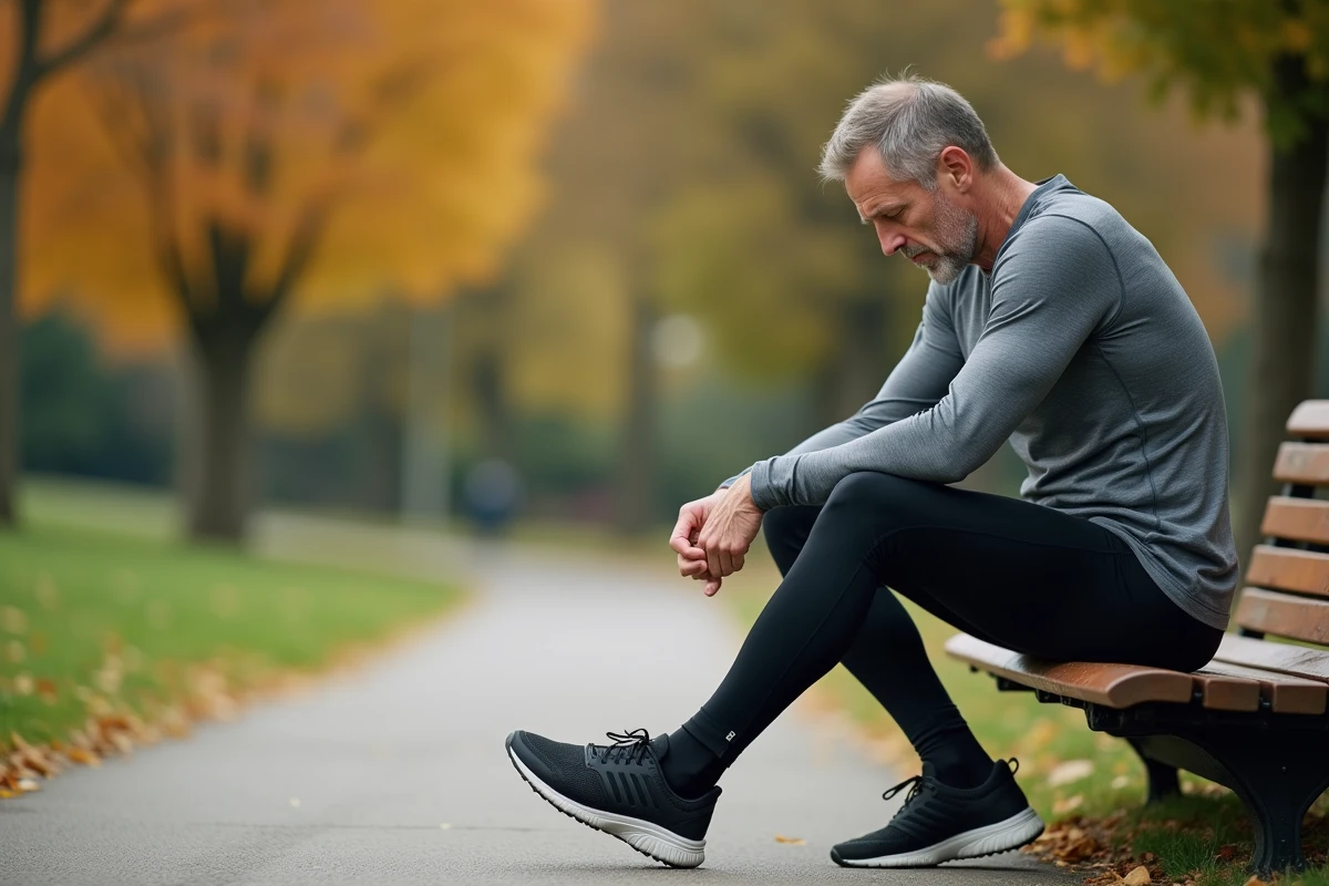 Coureur examinant son pied douloureux après un jogging dans un parc, problème de douleur métatarsienne