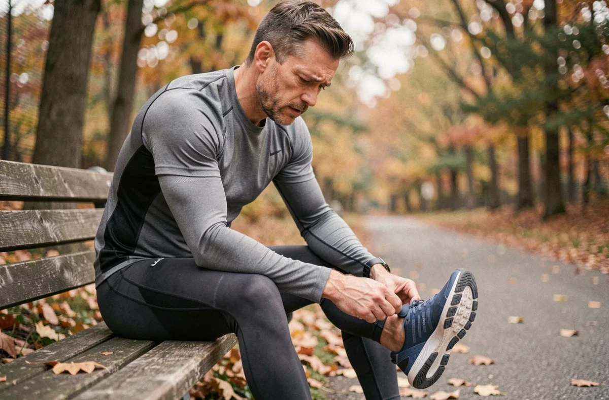 Coureur examinant sa chaussure de running sur un banc de parc en raison d'une douleur à l'épine calcanéenne