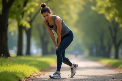 Femme sportive en pleine course dans un parc en train de masser son mollet