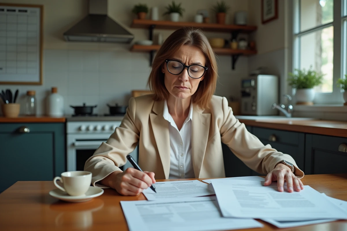 Femme examinant des formulaires administratifs de la CPAM à la maison, représentant les démarches pour le tableau maladie professionnelle numéro 57 et les délais de prise en charge