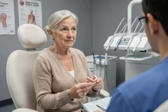 Femme âgée tenant un dentier sans palais lors d'une consultation chez le dentiste