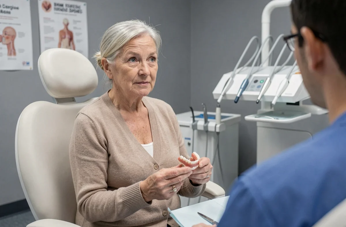 Femme âgée tenant un dentier sans palais lors d'une consultation chez le dentiste