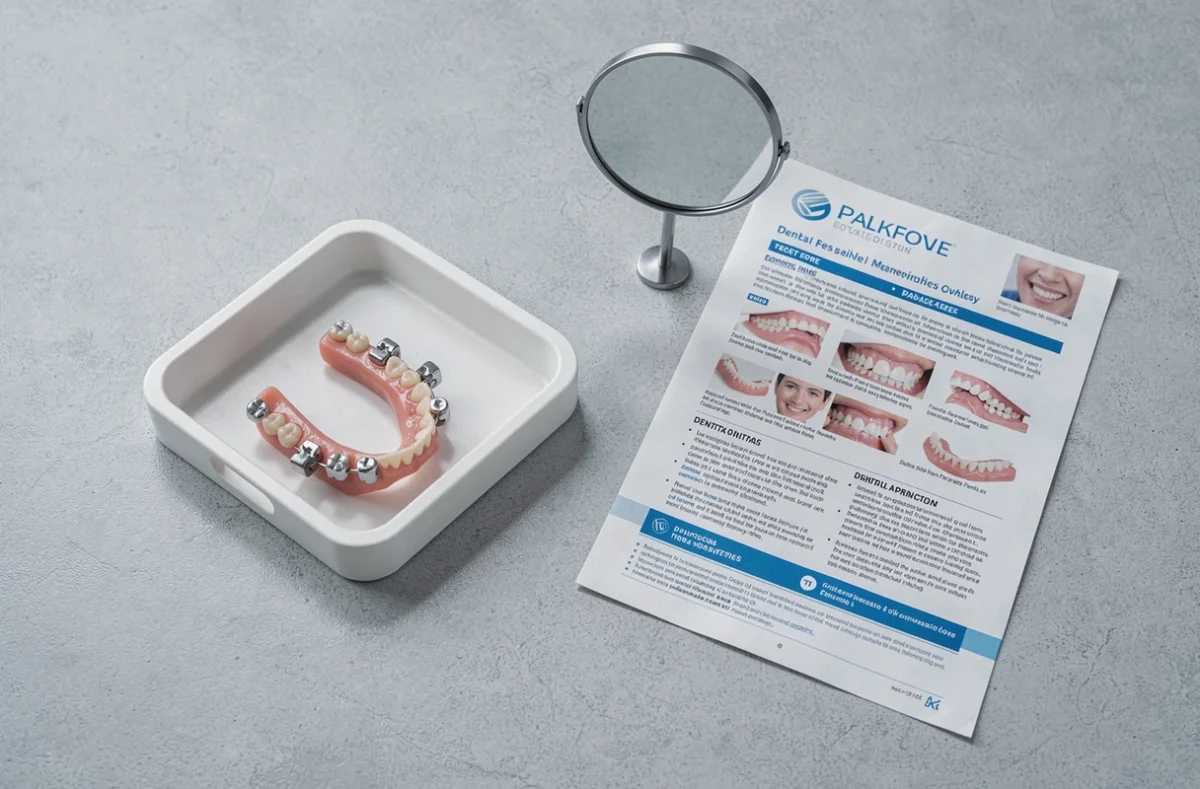 Dentier sans palais posé sur un plateau dentaire avec modèle de mâchoire et brochure explicative