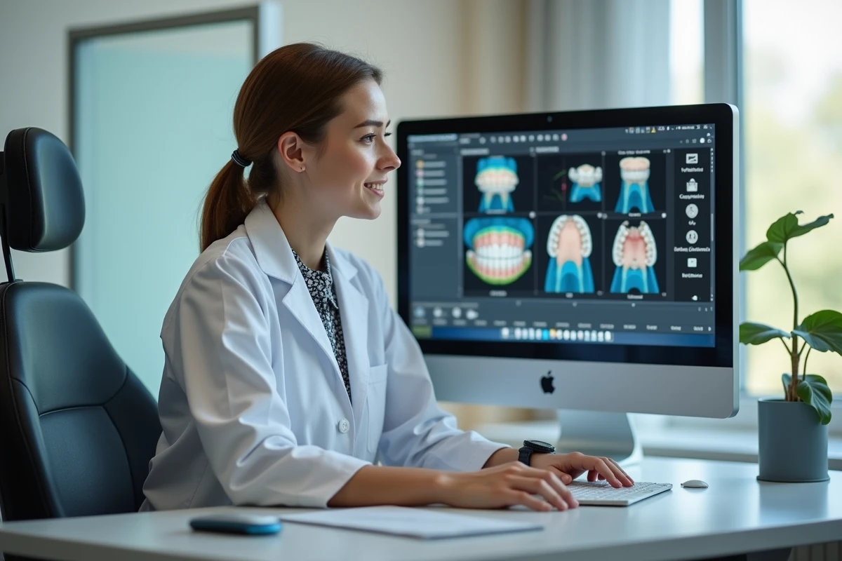 Jeune dentiste analyse des scans dentaires sur un ordinateur