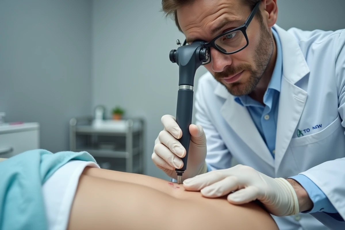 Dermatologue utilisant un dermatoscope pour examiner une lésion cutanée suspecte lors d'une consultation médicale