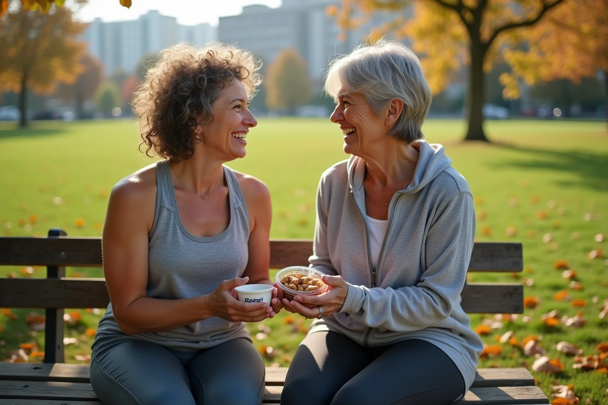 Deux femmes discutant en plein air avec yaourt et noix