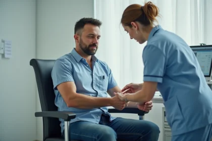 Homme assis se préparant à donner son sang dans un centre moderne