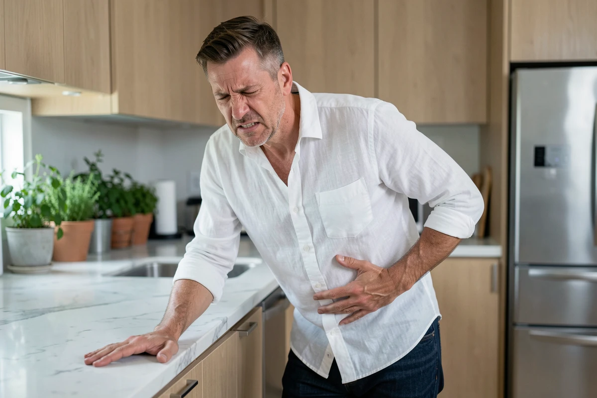 Homme ressentant une douleur soudaine au bas ventre gauche appuyé sur un plan de travail en cuisine