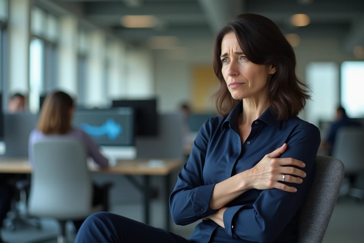 Femme ressentant une gêne sous l'aisselle gauche dans un bureau en open space