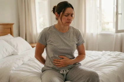 Femme tenant son bas ventre gauche avec une expression de douleur assise sur le bord d'un lit