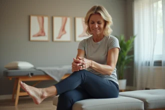 Femme tenant le côté extérieur de son pied douloureux dans un cabinet de kinésithérapie, illustrant la douleur liée au nerf sural