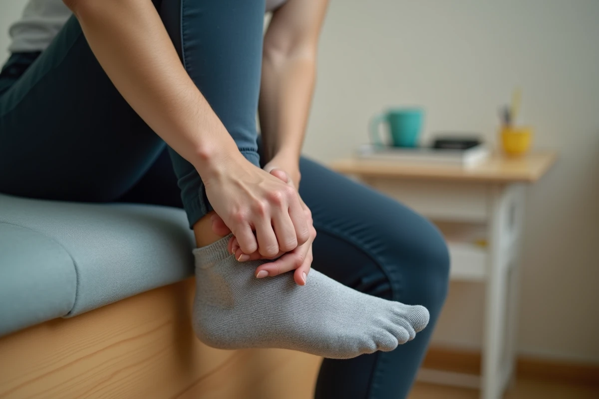 Femme consultant un podologue pour une douleur au haut du pied, assise sur un banc clinique
