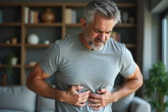 Homme d'âge moyen tenant son côté droit douloureux au niveau des côtes, expression de douleur intercostale à domicile