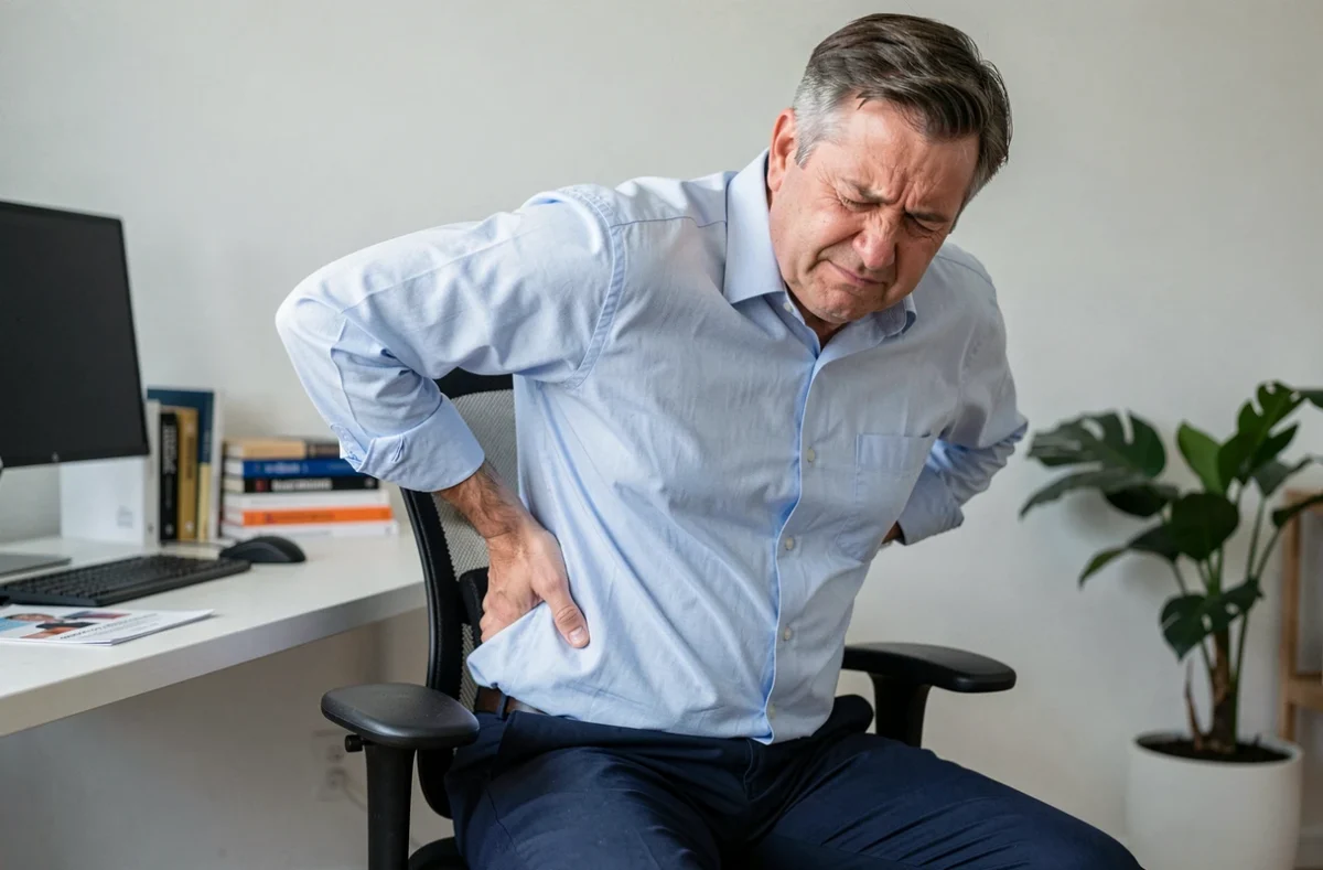 Homme d'âge mûr ressentant une douleur sciatique en position assise dans un bureau à domicile moderne