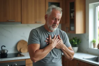 Homme d'âge moyen ressentant une douleur sous l'aisselle gauche dans une cuisine moderne