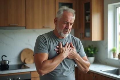 Homme d'âge moyen ressentant une douleur sous l'aisselle gauche dans une cuisine moderne