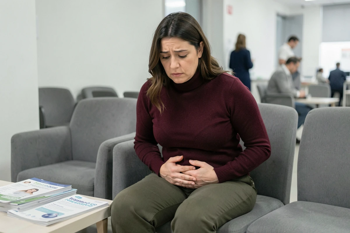 Jeune femme en salle d'attente médicale tenant son bas ventre gauche dans une expression de préoccupation