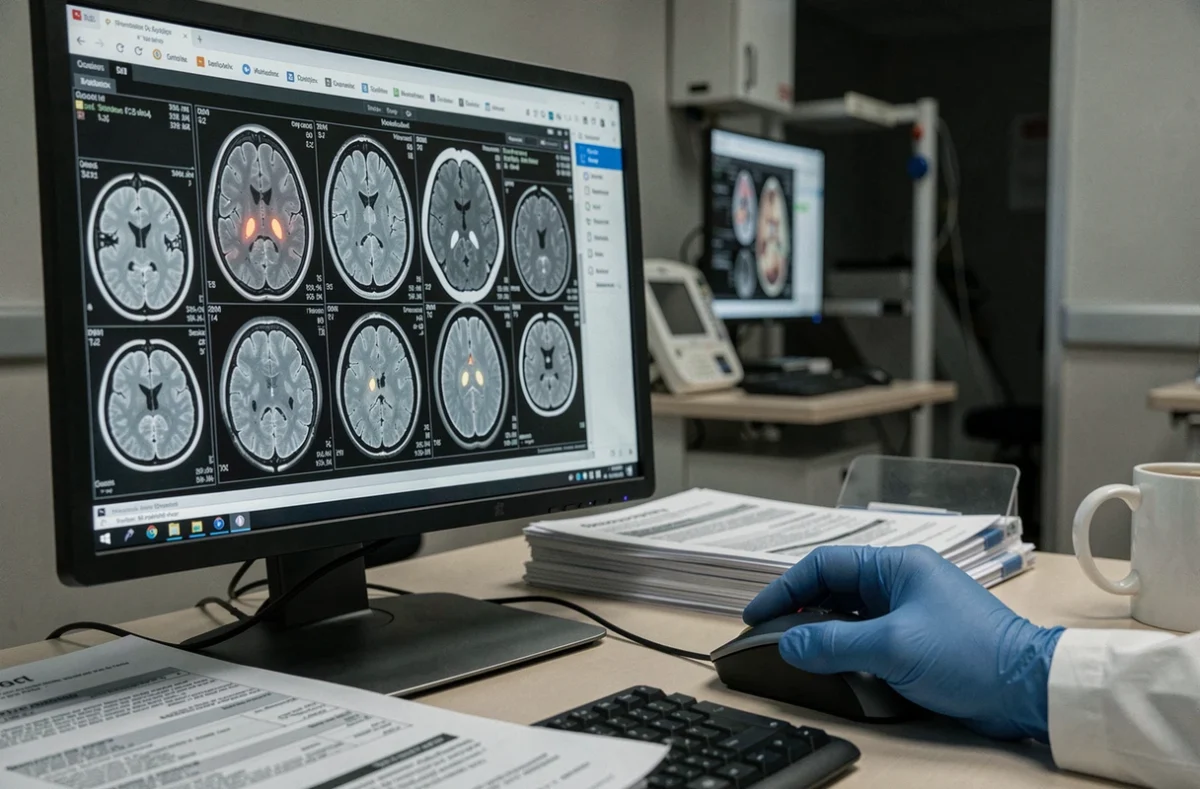 Écran de workstation radiologique affichant des hypersignaux IRM T2 caractéristiques de la sclérose en plaques
