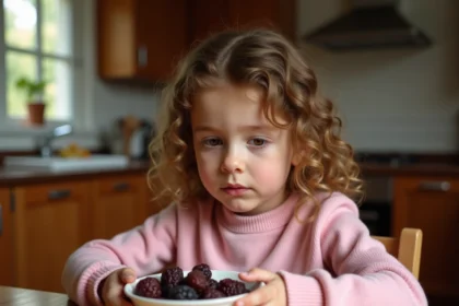 Jeune fille hésitant devant un bol de pruneaux secs posé sur une table en bois dans une cuisine familiale