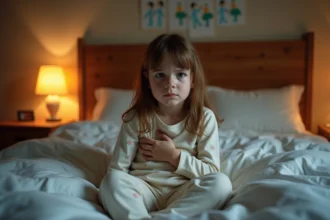 Jeune fille en pyjama assise dans son lit la nuit avec une expression d'inconfort liée à la toux
