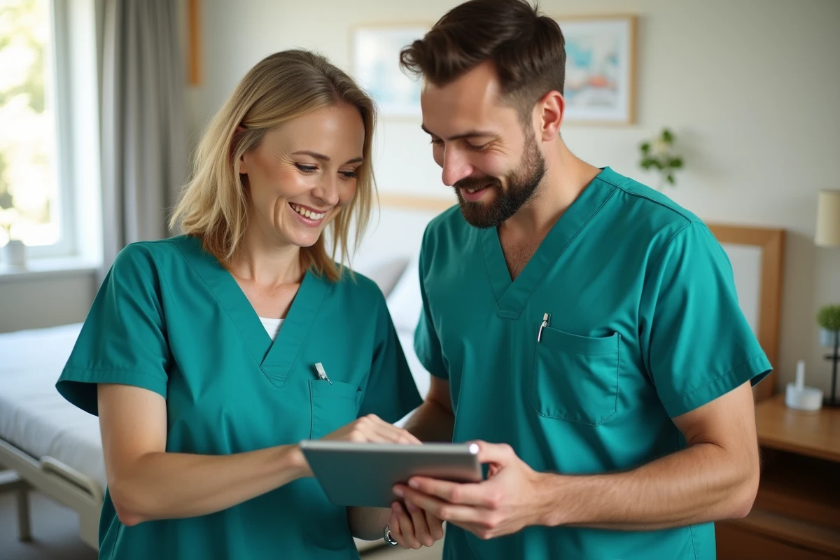 Équipe soignante en EHPAD consultant ensemble un plan de soins sur tablette dans la chambre d'un résident avec D.netsoins