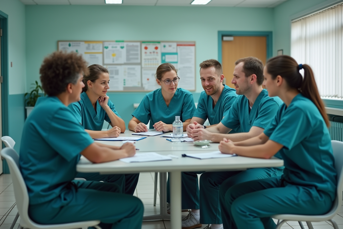 Groupe de professionnels de santé en discussion dans une salle