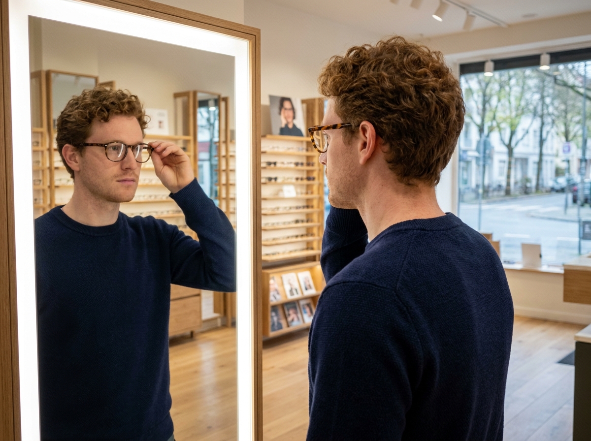 Jeune homme essayant des montures de lunettes devant un miroir dans une boutique d'opticien de proximité en ville