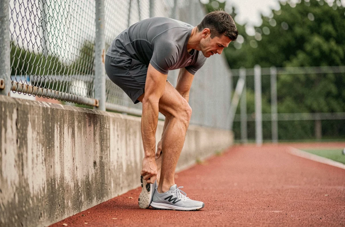 Triathlète effectuant un étirement du mollet contre un mur pour soulager une épine calcanéenne pendant l'entraînement