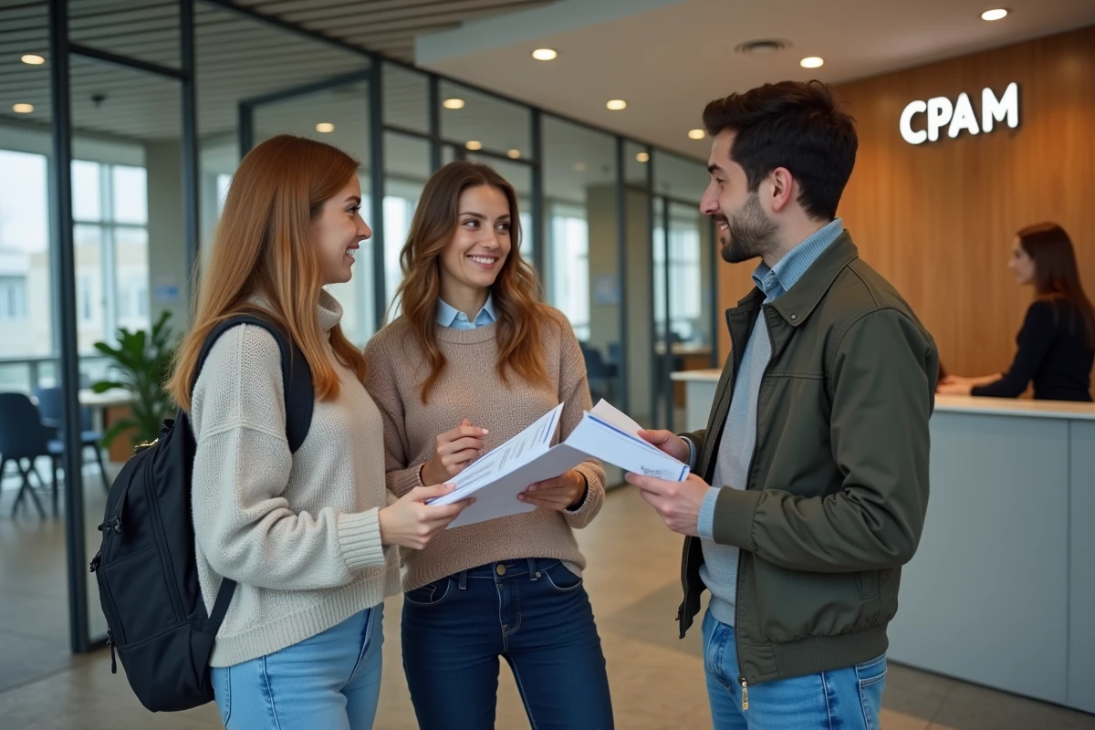 Groupe d'étudiants internationaux discutant avec un agent à la CPAM