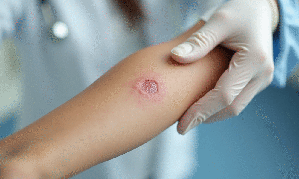 Examen d'une lésion cutanée sur le bras par un médecin