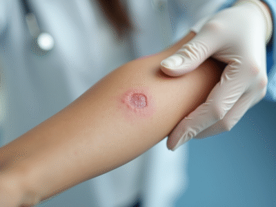 Examen d'une lésion cutanée sur le bras par un médecin