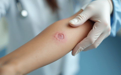 Examen d'une lésion cutanée sur le bras par un médecin