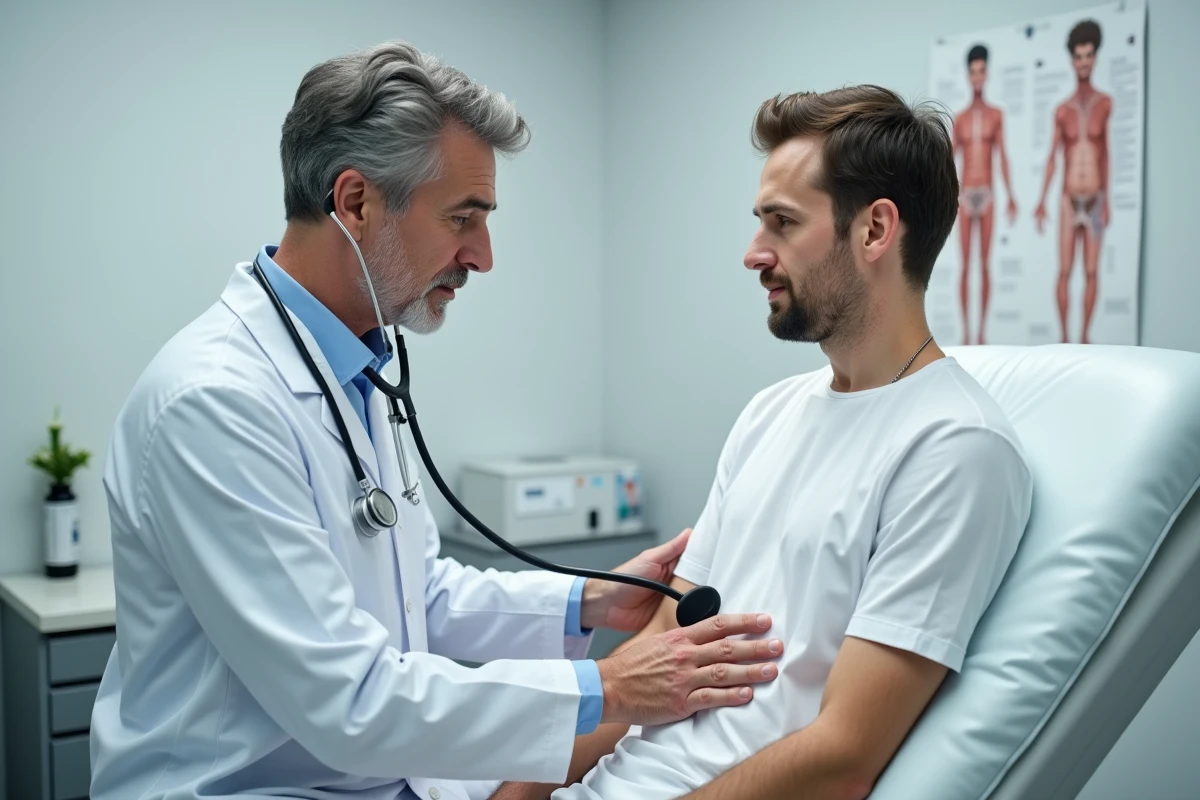 Médecin examinant la zone thoracique et axillaire gauche d'un patient en cabinet médical