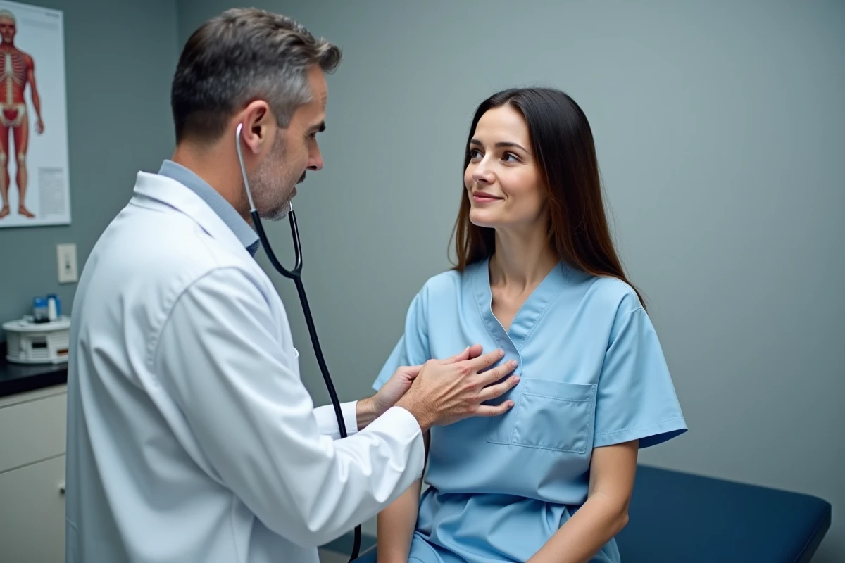 Médecin examinant la cage thoracique droite d'une patiente pour diagnostiquer une douleur intercostale en cabinet médical