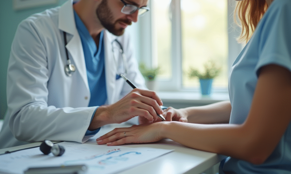 Dermatologue examinant une tache suspecte sur le bras