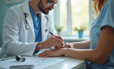 Dermatologue examinant une tache suspecte sur le bras